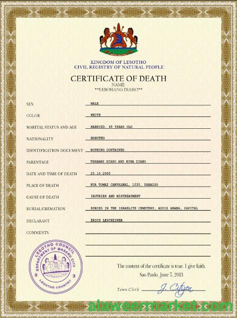 Lesotho vital record death certificate PSD template